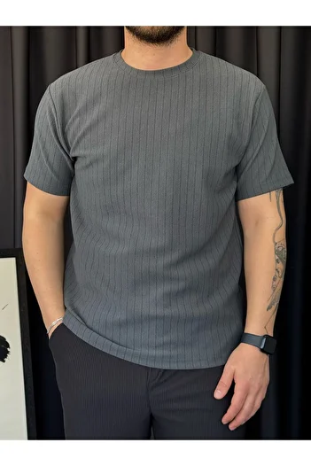 Altamira Men's Smoked Line Detailed Crew Neck Crepe T-Shirt
