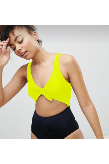 DEEP BEACH Db20097m Black Neon Yellow Open Front Bow Covered Swimsuit