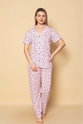 Farya Home Dreamy Cotton Heart Pattern Short Sleeve Button Shirt Pajama Set