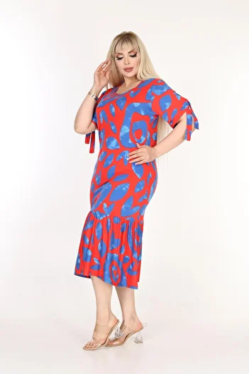 mami butik Plus Size Above Knee Square Neck Tie Detailed Short Sleeve Viscose Combed Cotton Stylish Design Comfortable Dress