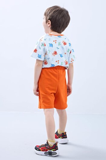 Perendi Boys Shorts Set - Octopus Print Short Sleeve T-Shirt & Orange Shorts - Summer Outfit