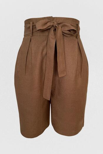 Ravencia Brown Women's Shorts - 100% Cotton, Pleated and Belted
