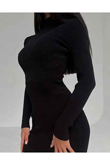 FASHION COCKTAIL Yarım Balıkçı Yaka Boyunlu Fitilli Kumaş Uzun Kol Diz Altı Kalem Mevsimlik Triko Elbise