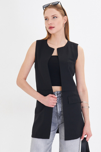 armonika Women's Black Crew Neck Vest with Stitching Detail on the Waist Arm-25Y 001019