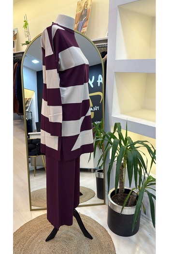 Nuss Knitwear Striped Patterned Pants Suit 1515 Bordo