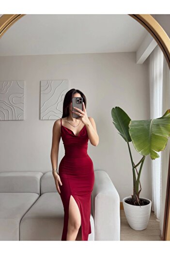 Zoom Butik Askılı Derin Yırtmaç Elbise - BORDO