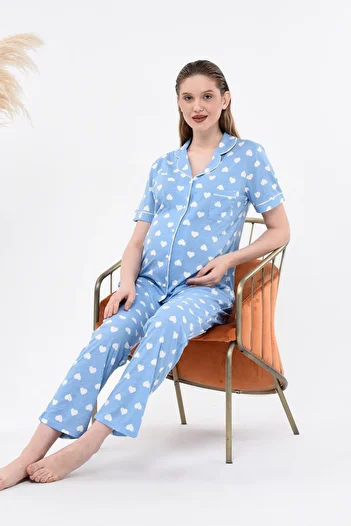 LadyMina Pijama Set de pijamale duble cu model inimă albastră pentru gravidă și maternitate