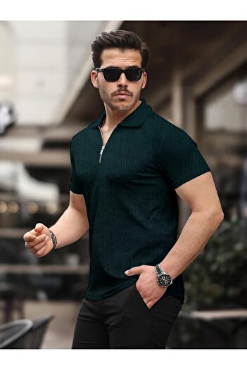 caddekombin David Erkek Fermuarlı Polo Yaka Pamuklu Kumaş Nefti Yeşili Kısa Kollu T-shirt