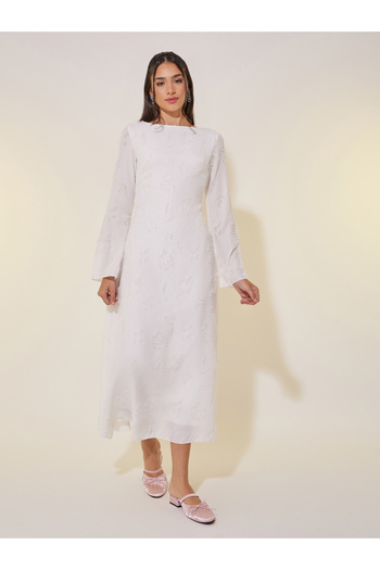 Take Two By Styli Floral Jacquard Boat Neck A-Line Midi Dress