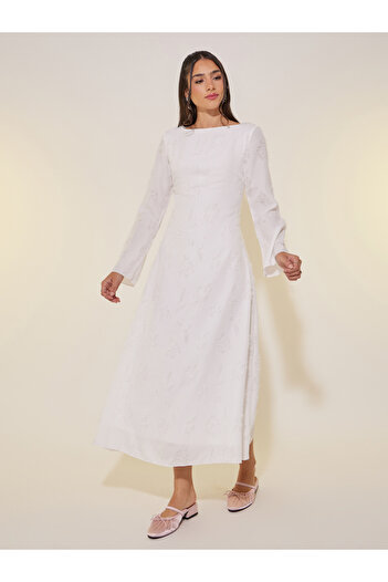 Take Two By Styli Floral Jacquard Boat Neck A-Line Midi Dress