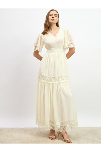 Styli Plain Flared Sleeves Tiered Maxi Dress with Lace Trim