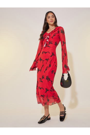 Take Two By Styli Floral Print Ruffled Detail V-Neck Midi Dress