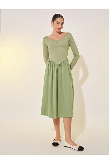 Take Two By Styli Solid Long Sleeve Gathered Detail Midi Dress