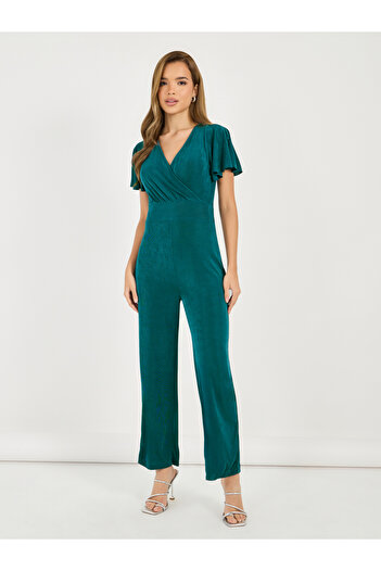 Styli Solid Straight Leg V Neck Stretchy Jumpsuit