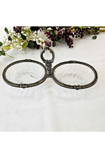 MaviDamla 2 Compartment Cast Metal Frame Snack Bowl with Gold Aged Detail