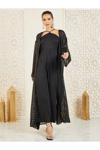 Styli Halter Neck Jumpsuit and Check Sheer Abaya Set