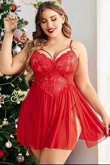 FROOY Women's Large Size Slit Low-Cut Lace Detailed Oversize Fancy Nightgown