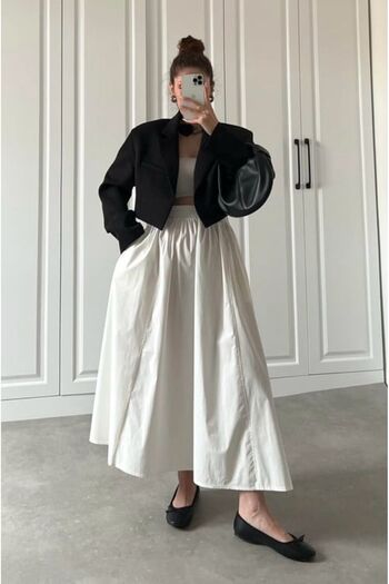 Safgiyim44 Ecru Color Women's Clothing Elastic Waist Double Pocket Poplin Skirt