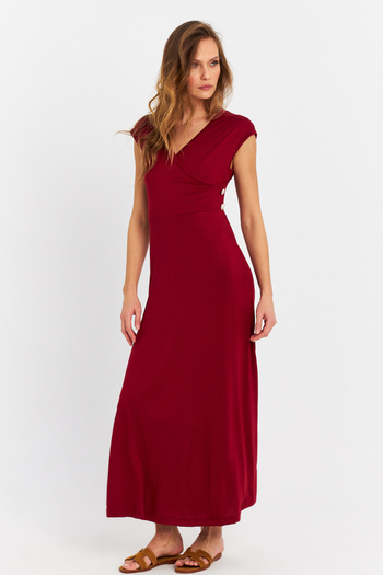 Cool & Modest Women's Burgundy Button Detailed Double Breasted Midi Dress Mey0011