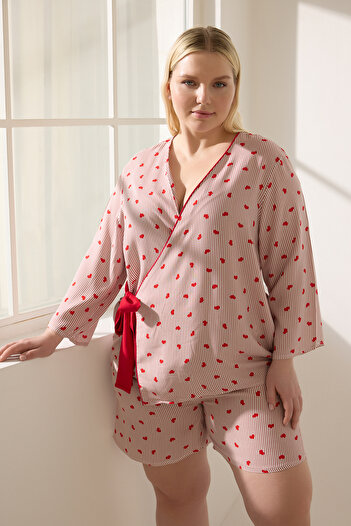 Trendyol Curve Red Striped Heart Pattern Tie-Up Woven Pajamas Set Tbbss25Ai00046