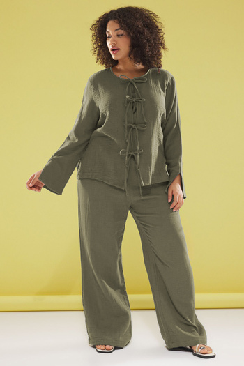 Trendyol Curve 100% Cotton Khaki Bottom-Top Suit Large Size Tbbss25Cp00009