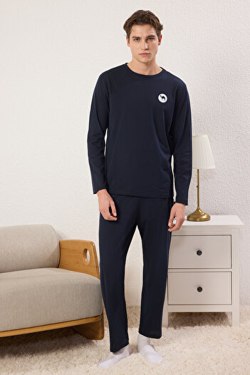Trendyol Collection Sötétkék Regular Fit Camel nyomott kötött pizsama szett TMNAW25PT00013