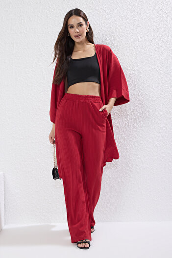 Trendyol Collection Red Kimono and Wide Leg/Wide Leg Pants Woven Bottom-Top Set Twoss25Au00079
