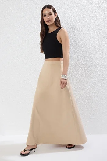 Trendyol Collection Beige Flounce Maxi Denim Skirt Twoss25Et00005