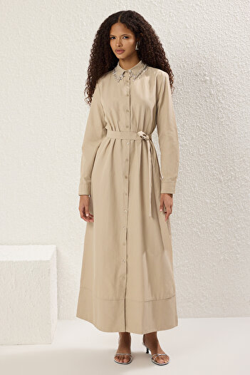 Trendyol Modest Stone Color Stone Accessory Detailed Woven Shirt Dress Tctss25Eb00118