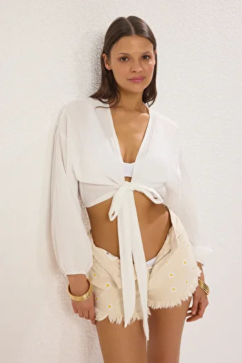 Trendyol Collection Ecru Tied Woven Beach Blouse Tbess25Bz00008