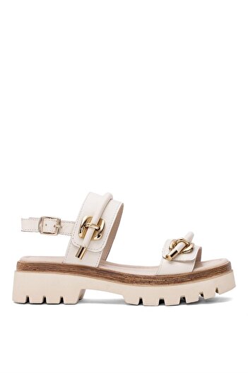 Ayakkabı Fuarı Women's Genuine Leather Flat Sandals Elite Dk523-016 Beige