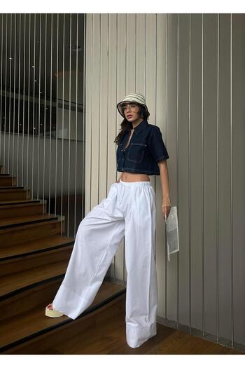 minaaise Women's White Poplin Fabric Elastic Waist Pocket Trousers 29083