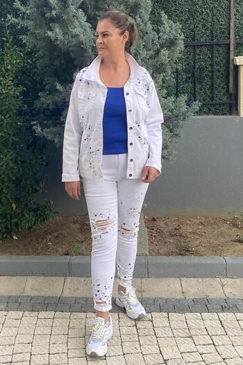 Mia Butik Plus Size Star Jean Suit White