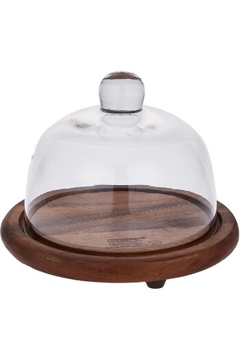 Billi Butter and Cheese Glass Dome with Wooden Stand, Brown, 12 x 15 cm, ACA-930