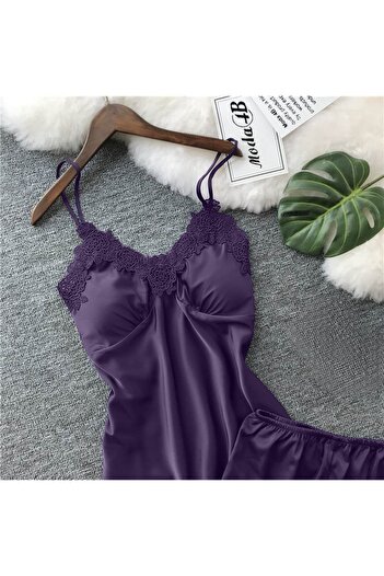 moda4b Kadın 5 Parça Saten Güpürlü Gecelik Gelin Çeyiz Seti 30740 Mor S
