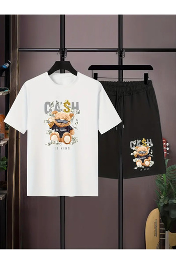 PENTHİLUS 2 Pieces Comfortable T-Shirt Short Sleeve Round Neck Teddy Bear Printed Set