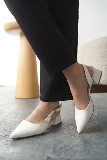 MODAADAM Women's Efect Buckle Low Heeled Shoes - White-Patent Patent