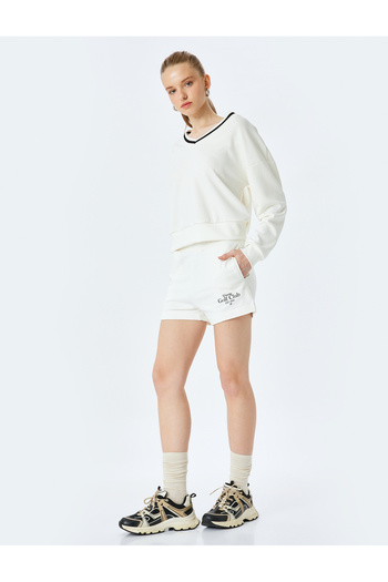 Koton Elastic Waist Slogan Printed Mini Shorts with Pocket Detail
