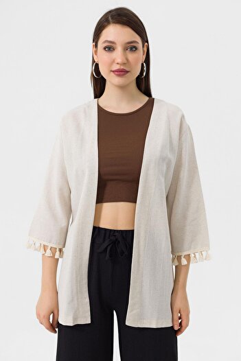 ŞİMAL Women's Open Front Jacket with Tassel Sleeves 250043 -