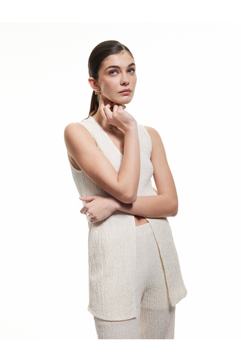 Koton Cotton Front Slit Detail V-Neck Sleeveless Long Textured Tunic
