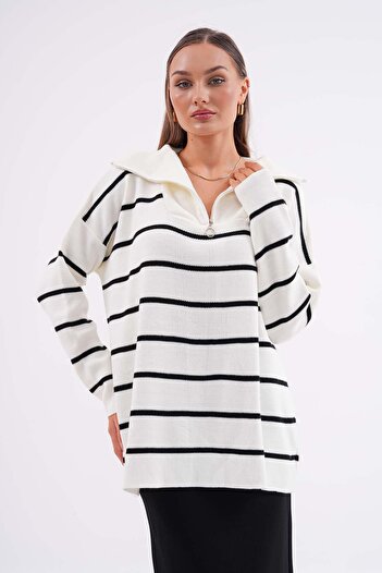 ŞİMAL Women's Striped Patterned Collar Zipper Detail Knitwear Loose Sweater 255043 -