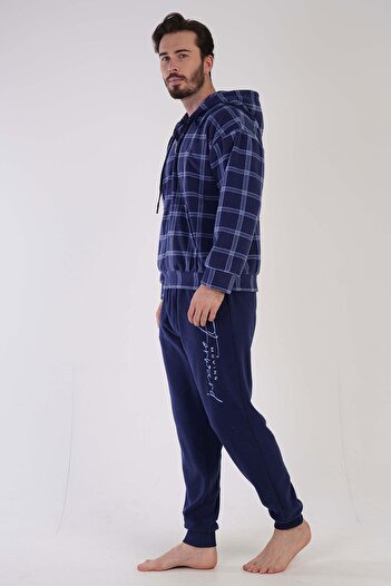 VİENETTA Vienetta Man Lacivert Erkek Polar Kapuşonlu Uzun Kollu Pijama Takımı