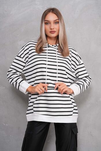 ŞİMAL Striped Kangaroo Pocket Hooded Oversize Women's Sweatshirt - 245124