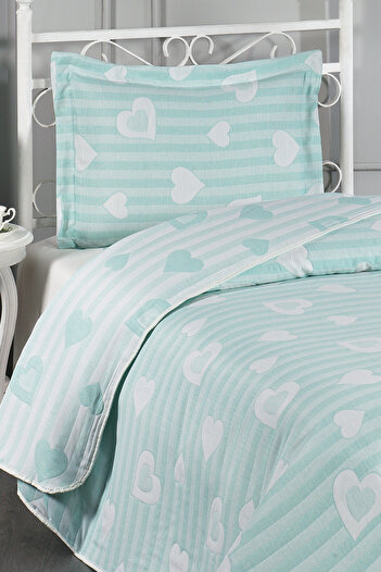 Evlen Home Collection Aston Heart Patterned Cotton Single Bedspread Pique Set 2 Pieces Mint Children's Teenager Bedspread
