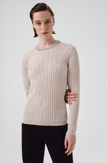 Triko Mısırlı Light Beige Collar Stone Embroidered Women's Sweater