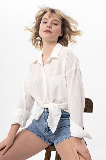 ŞİMAL Women's Single Pocket Detailed Oversize Shirt 255145 -