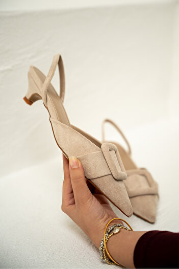 LAMİNTA Nicole Beige Suede Buckle Women's Heeled Shoes
