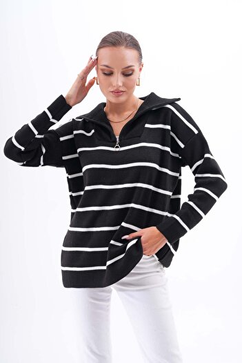 ŞİMAL Women's Striped Patterned Collar Zipper Detail Knitwear Loose Sweater 255043 -