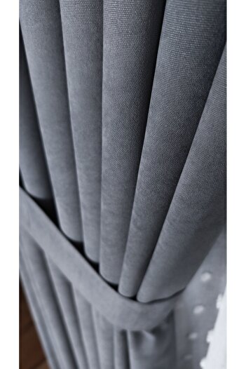 Yuka Double Wing Gray Velvet Textured 1/3 Dense Pleated Solid Color Background Curtain Heavy Weight