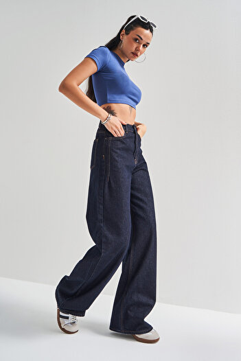 its basic Women's Navy Blue Water Wash Olea 7W4-50 Wide Leg Fit 100% Cotton Denim Jean